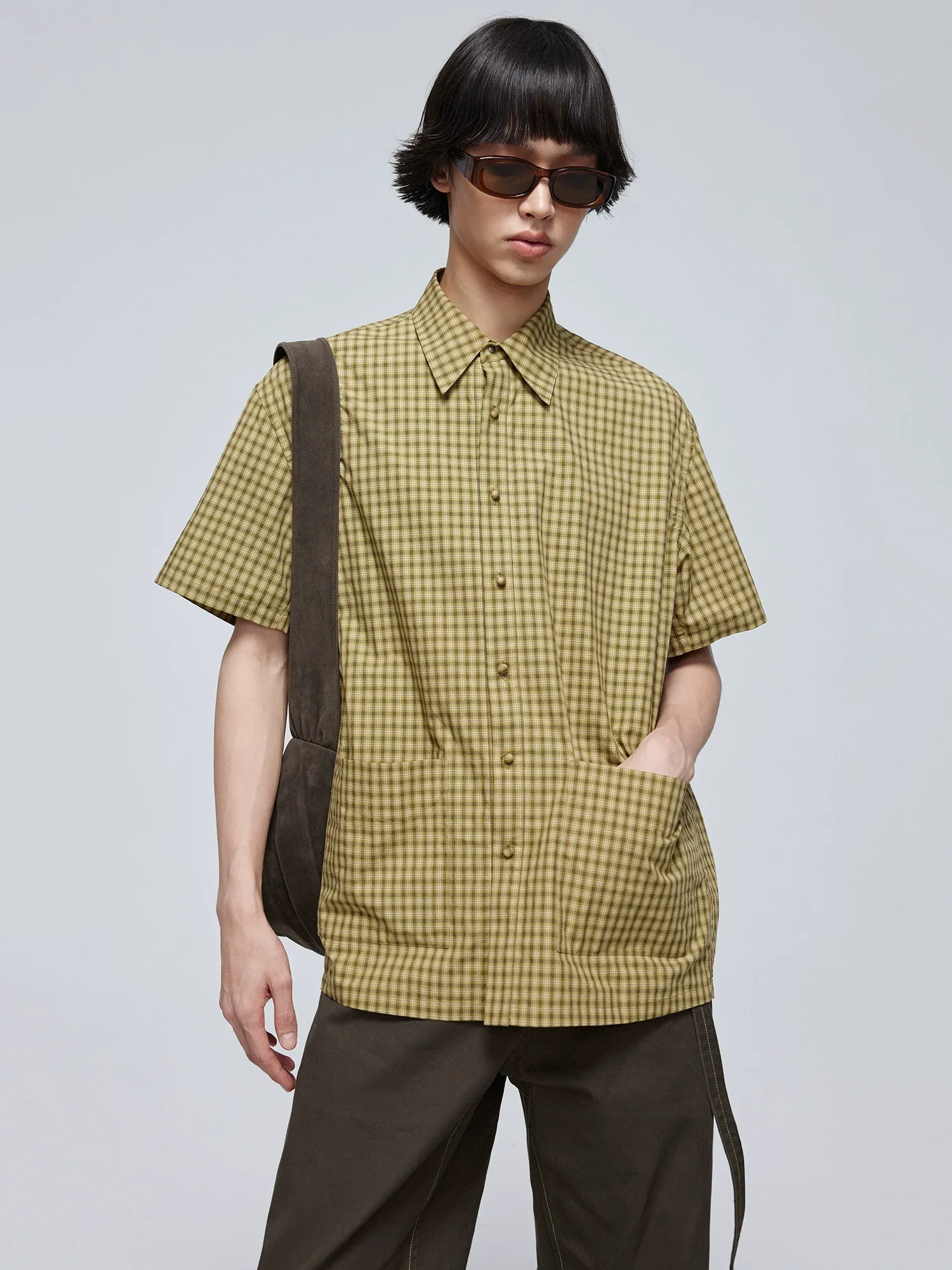 Yellow-Green Plaid Short-Sleeve Shirt
