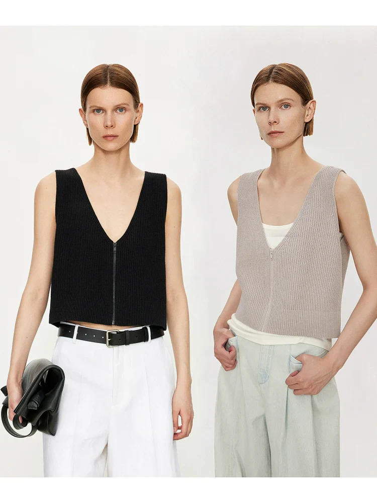 Zip-Front Ribbed Knit Crop Vest