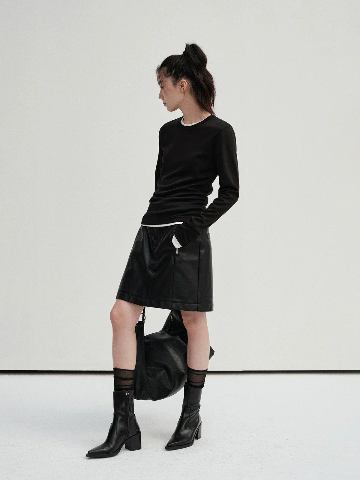 Zip-Pocket PU A-Line Mini Skirt