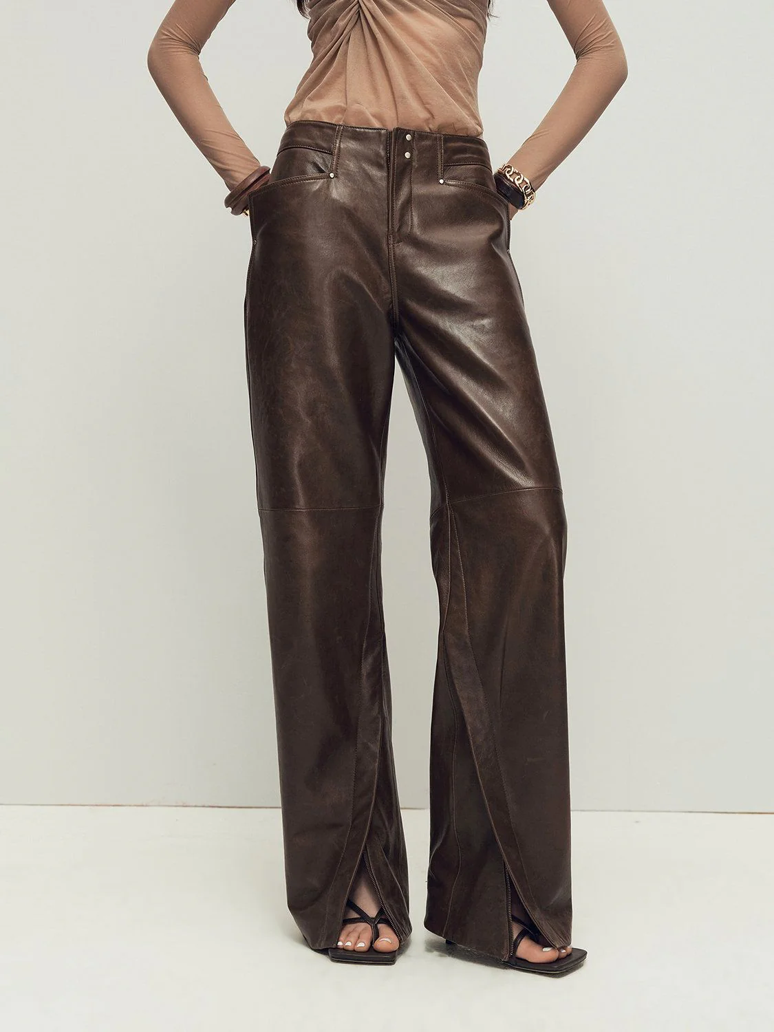 Zipped Slit Leather Pants