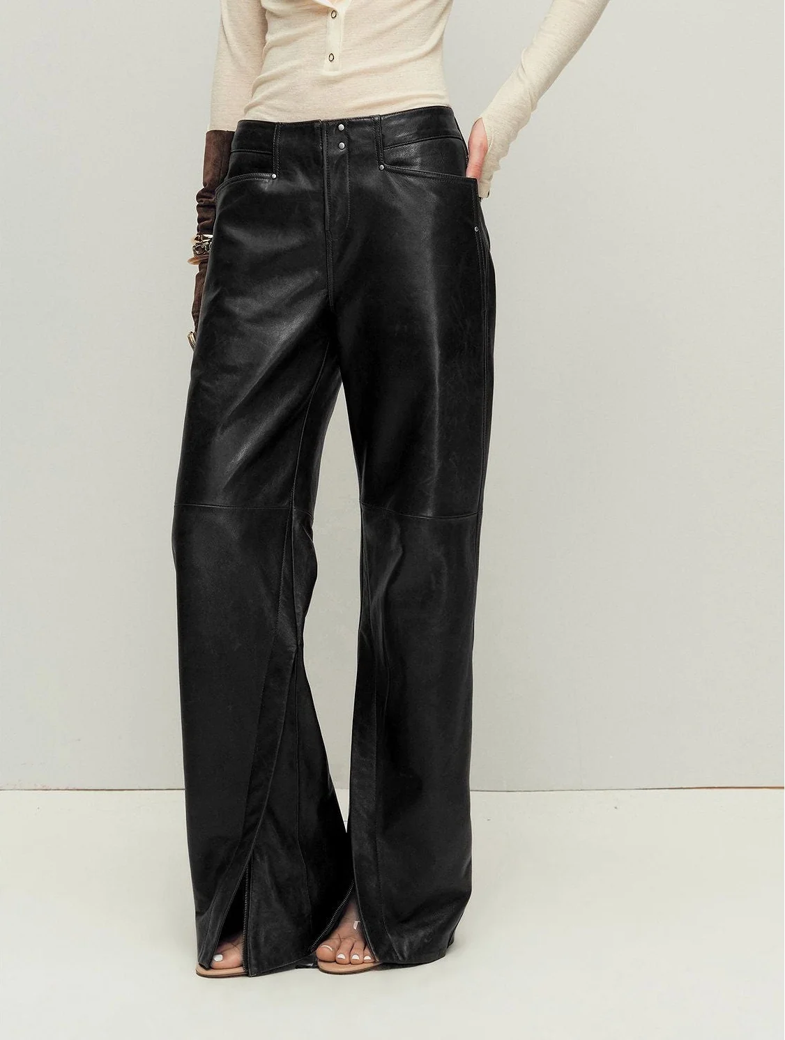 Zipped Slit Leather Pants - Image 7